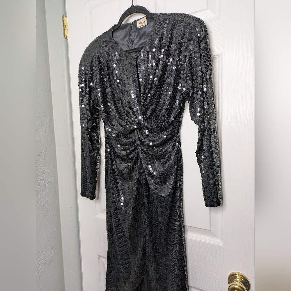 Vintage 80s Oleg Cassini Black Sequin Twist Front Tulip Midi Dress M 6/8